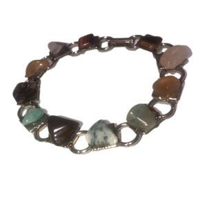 VTG Multi Gemstone Jade Tigers Eye Agate Quartz Gold Tone Bracelet 7.5”